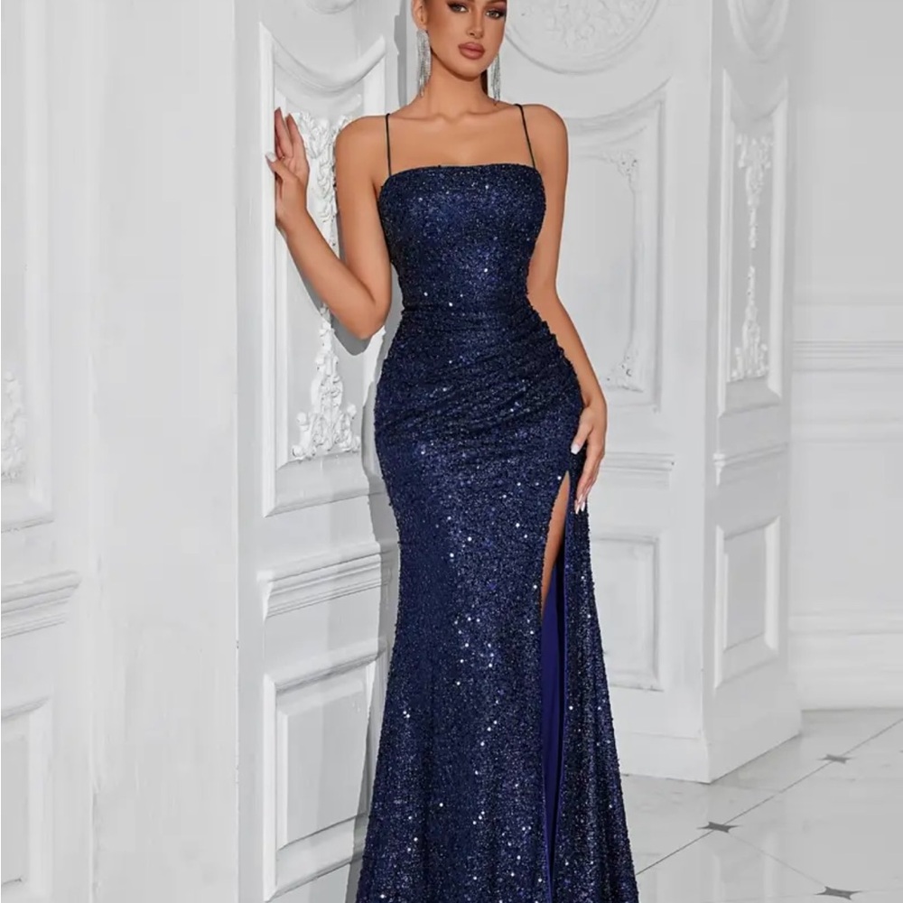 Elegant Navy Blue Sequin Gown